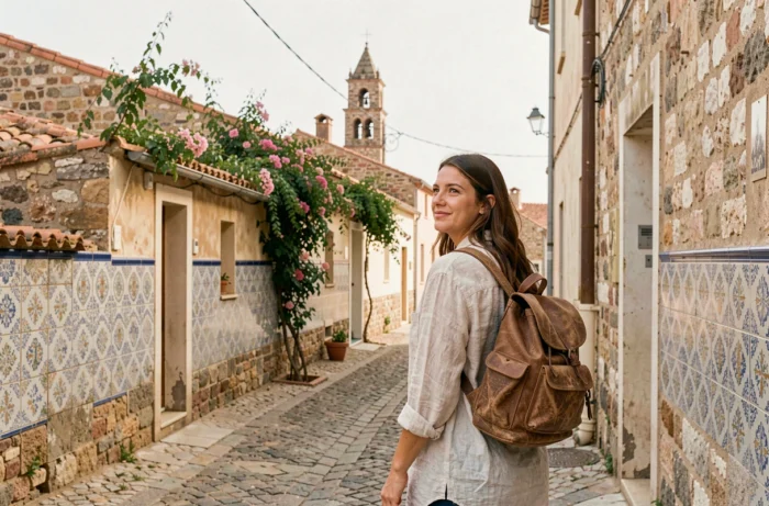 Voyageuse explorant une ruelle pavée d'un village méditerranéen authentique avec maisons en pierre et toits en tuiles