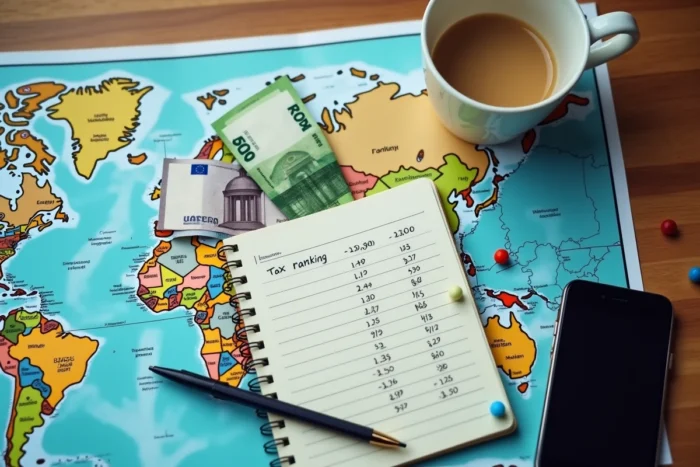 Vue aérienne d'un bureau avec carte du monde, billets de banque et notes manuscrites sur les taux d'imposition des pays les plus taxés en 2024