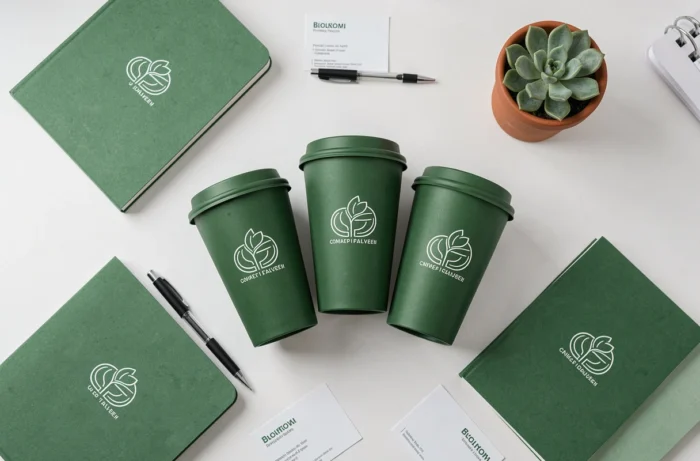 Vue aérienne de gobelets réutilisables personnalisés avec logo d'entreprise disposés sur un bureau professionnel