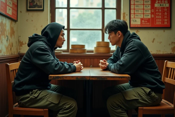 Deux hommes en confrontation silencieuse dans un restaurant fermé de Chinatown, scène tendue inspirée de Wu Assassins saison 2