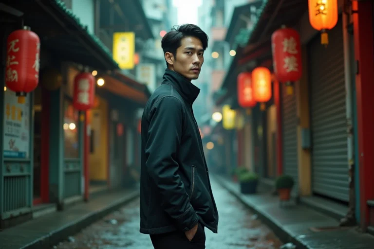Jeune homme asiatique en veste sombre dans une ruelle urbaine nocturne inspirée de l'univers de Wu Assassins saison 2