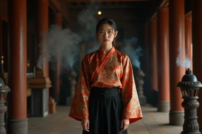 Femme asiatique en robe traditionnelle dans un temple ancien, ambiance mystique évoquant Wu Assassins